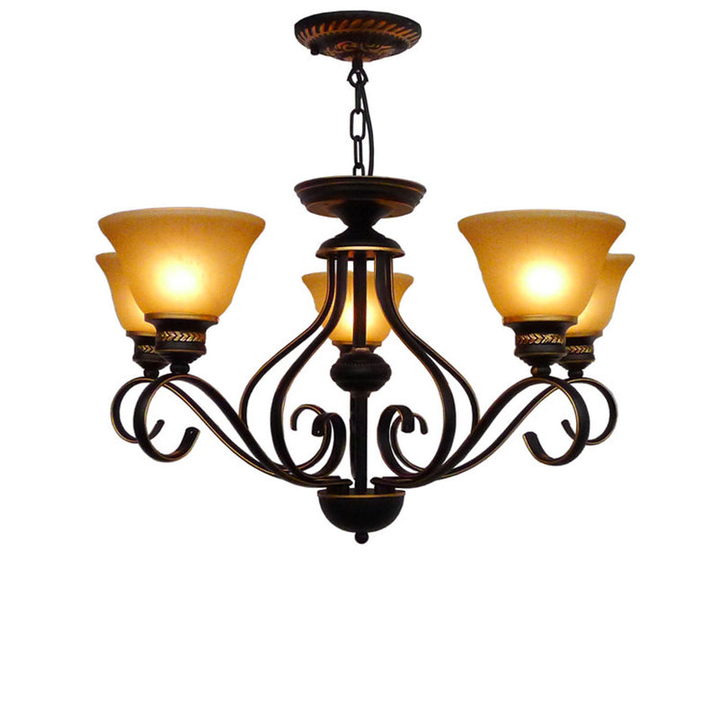 Traditional 5-Light Beige Frosted Glass Chandelier: Black Bell Pendant Fixture