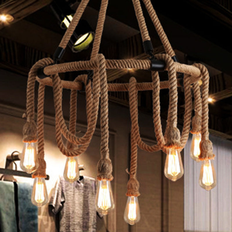 Industrial Exposed Bulb Chandelier: Beige Rope Hanging Fixture For Dining Room - 6/8 Light 8 /