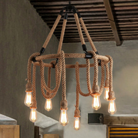 Industrial Beige Rope Chandelier - Exposed Bulbs, 6/8 Lights - Ideal for Dining Room