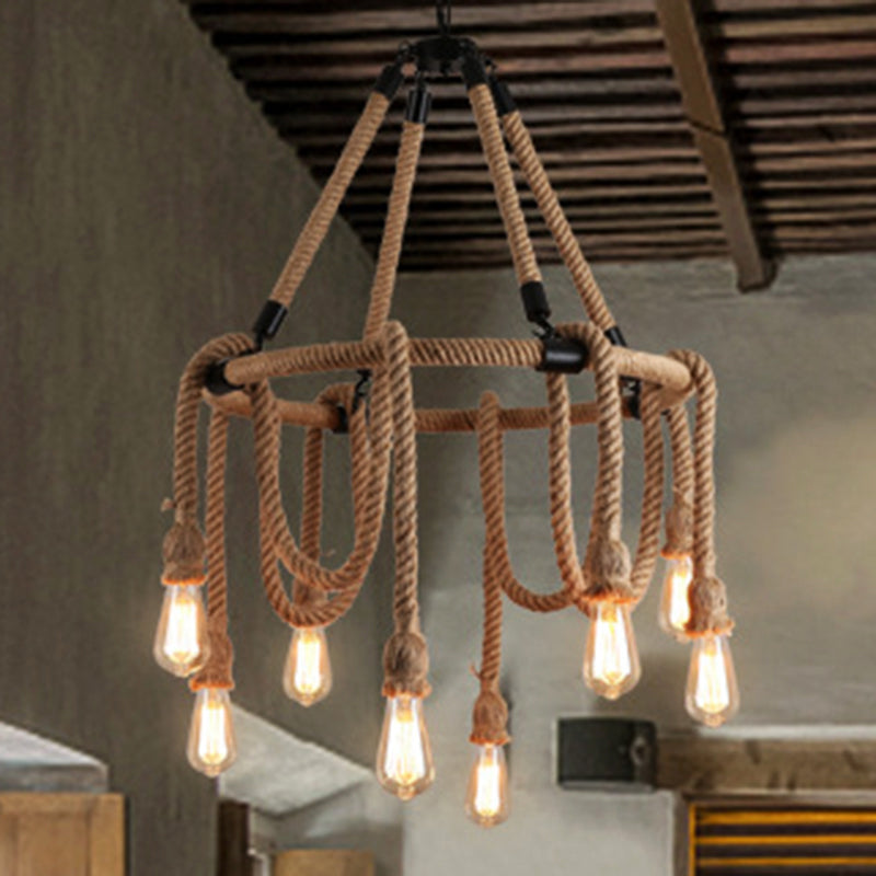 Industrial Exposed Bulb Chandelier: Beige Rope Hanging Fixture For Dining Room - 6/8 Light
