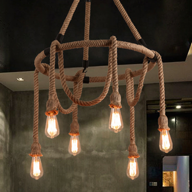 Industrial Exposed Bulb Chandelier: Beige Rope Hanging Fixture For Dining Room - 6/8 Light 6 /