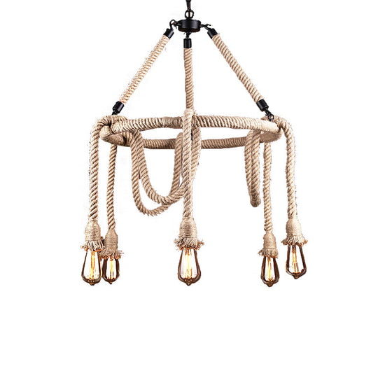 Industrial Exposed Bulb Chandelier: Beige Rope Hanging Fixture For Dining Room - 6/8 Light
