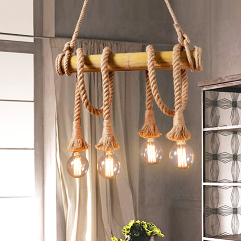 Vintage Rope Pendant Light Fixture With Exposed Bulb For Kitchen - Beige Hanging Lamp Kit (4/6