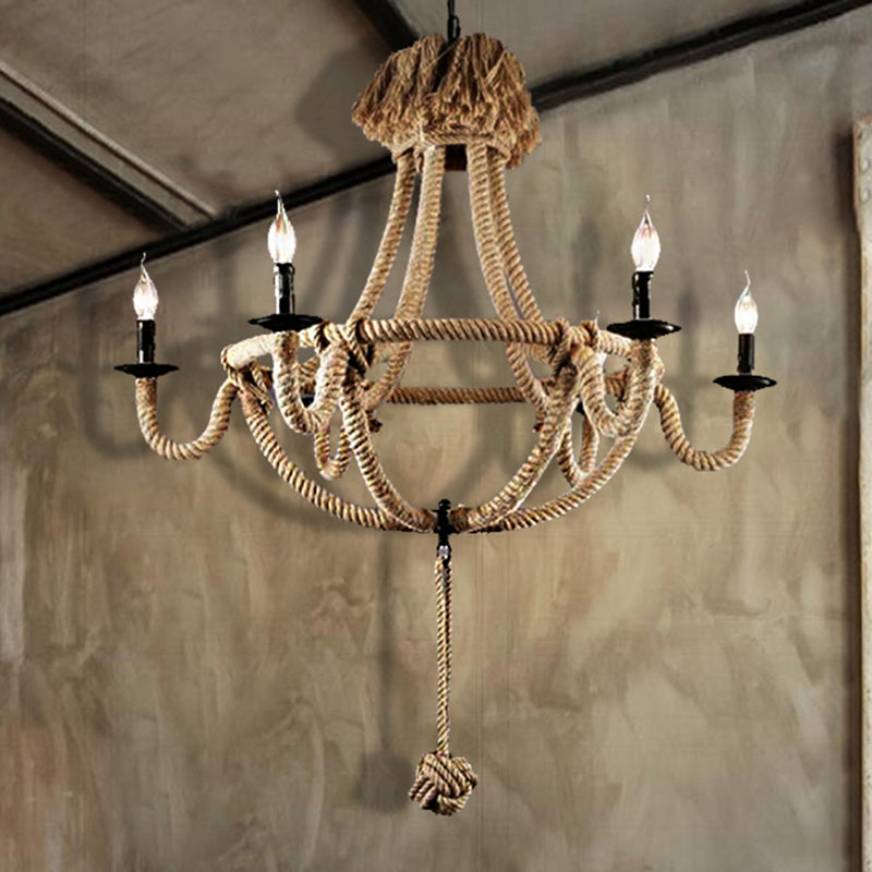 Rustic Style Candle Rope Chandelier: Beige Pendant Lighting For Dining Room (3/6 Lights) 6 /