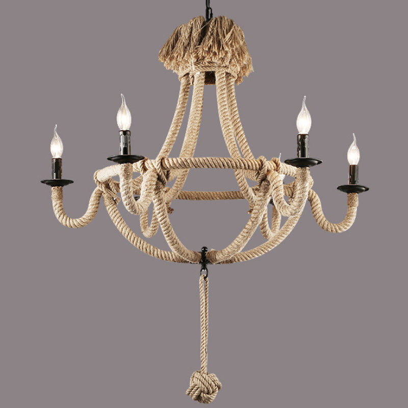 Rustic Style Candle Rope Chandelier: Beige Pendant Lighting For Dining Room (3/6 Lights)