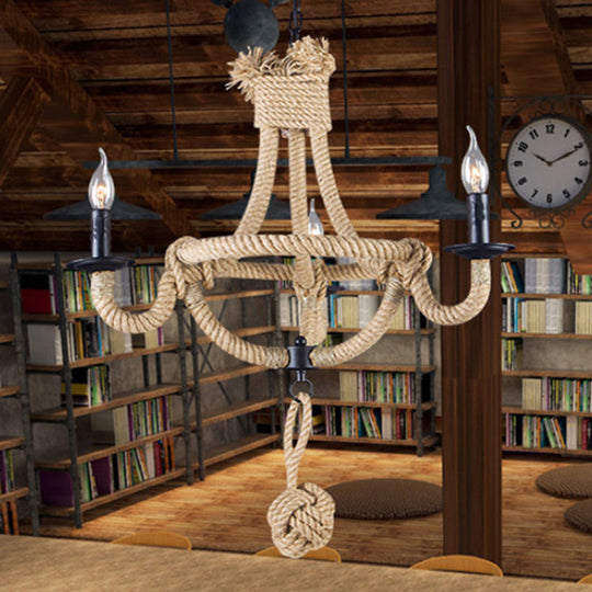 Rustic Style Candle Rope Chandelier in Beige – Dining Room Pendant Lighting (3/6 Lights)