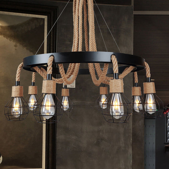 Rustic Metal and Rope Chandelier: Globe Pendant Lighting for Dining Room (6/8 Light) in Black with Ring