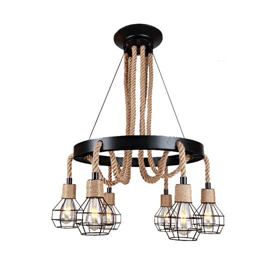 Rustic Metal And Rope Chandelier - Globe Pendant Lighting 6/8 Light Black With Ring