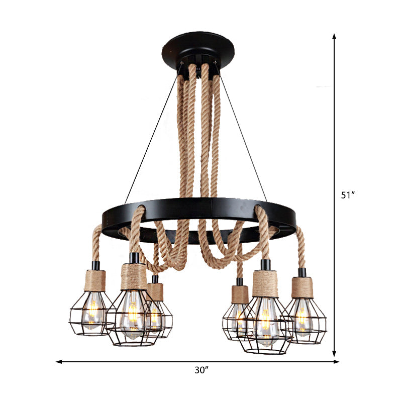 Rustic Metal and Rope Chandelier: Globe Pendant Lighting for Dining Room (6/8 Light) in Black with Ring