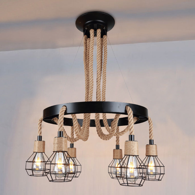 Rustic Metal And Rope Chandelier - Globe Pendant Lighting 6/8 Light Black With Ring 6 /