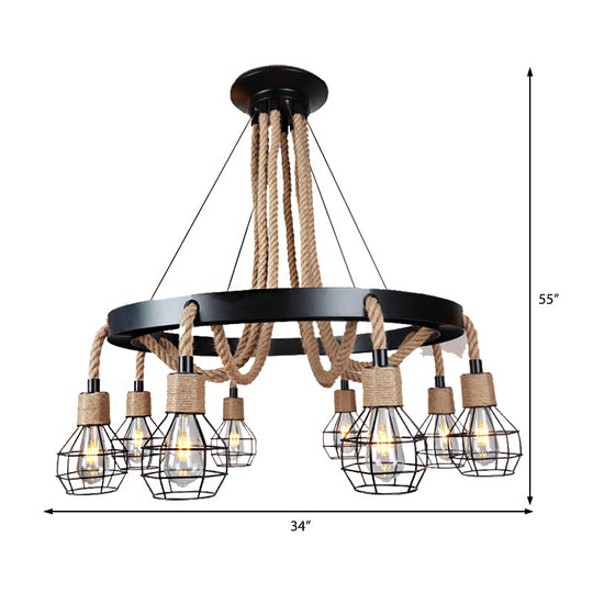Rustic Metal And Rope Chandelier - Globe Pendant Lighting 6/8 Light Black With Ring