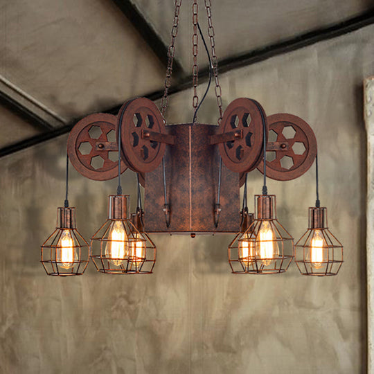 Industrial Metal Rust Pendant Lamp with Caged Globe - 4/6 Light Chandelier Fixture and Gear