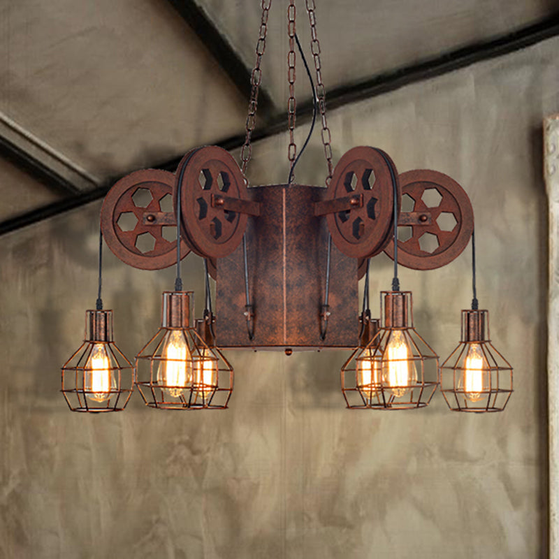 Industrial Metal Rust Pendant Lamp - Caged Globe 4/6-Light Chandelier With Gear Fixture 6 /