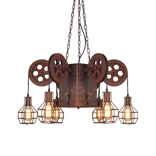 Industrial Metal Rust Pendant Lamp - Caged Globe 4/6-Light Chandelier With Gear Fixture