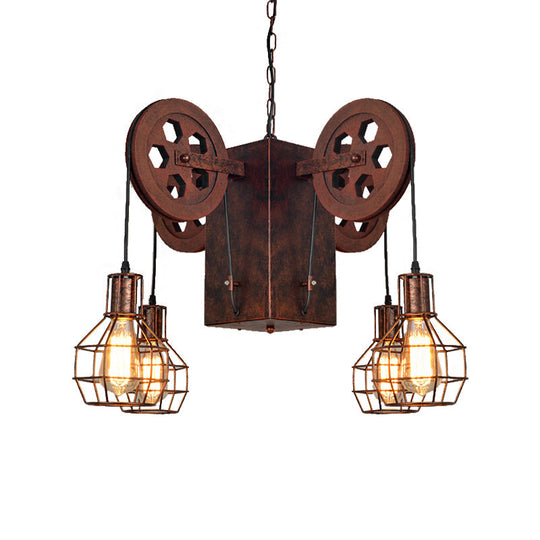 Industrial Metal Rust Pendant Lamp - Caged Globe 4/6-Light Chandelier With Gear Fixture