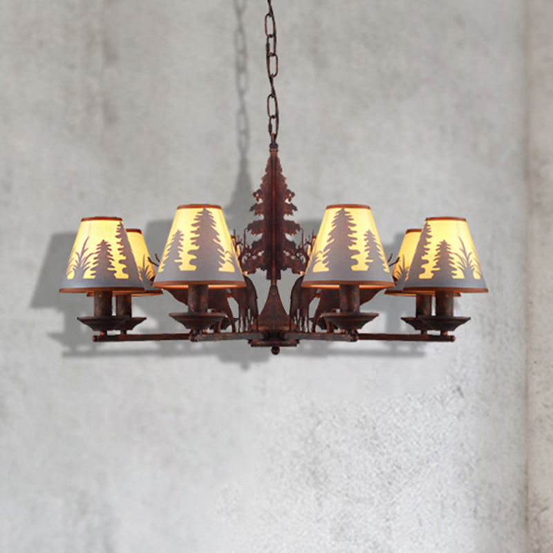 Industrial Cone Metal And Fabric Chandelier - Rust Finish 3/5/8 Light Pendant Lighting For Dining