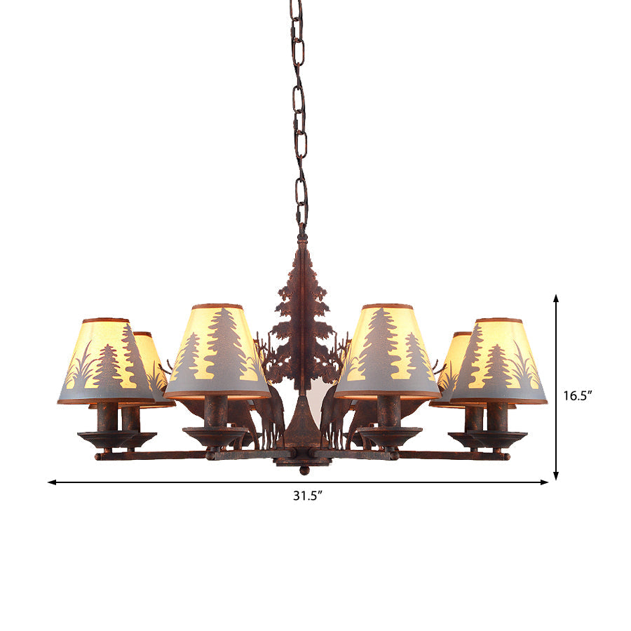 Industrial Cone Metal And Fabric Chandelier - Rust Finish 3/5/8 Light Pendant Lighting For Dining