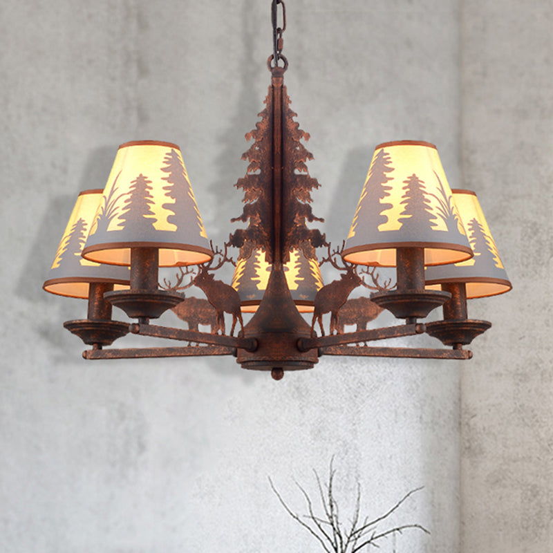 Industrial Cone Metal & Fabric Chandelier - 3/5/8 Light Pendant Lighting for Dining Room in Rust