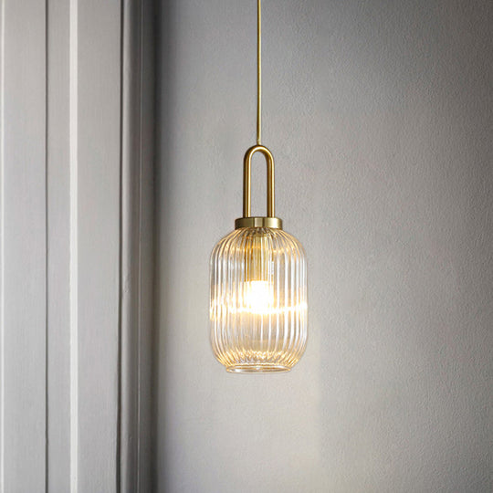 Modernist Clear Ribbed Glass Pendant Hanging Lamp Fixture - 1 Light Gold 6/8/12 Wide For Kitchen / 6