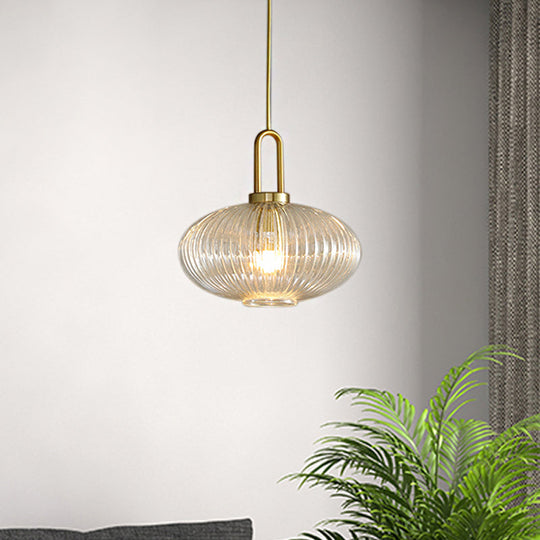Modernist Clear Ribbed Glass Pendant Hanging Lamp Fixture - 1 Light Gold 6/8/12 Wide For Kitchen /