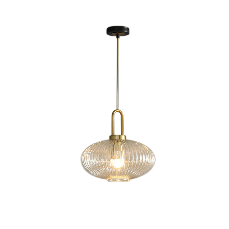 Modernist Gold Glass Pendant Light - Clear Ribbed Cylindrical/Drum/Globe Design - 1 Light - 6"/8"/12" Wide - Kitchen Hanging Lamp Fixture