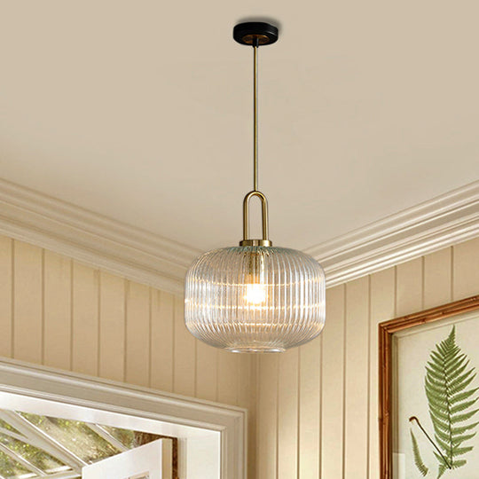 Modernist Clear Ribbed Glass Pendant Hanging Lamp Fixture - 1 Light Gold 6/8/12 Wide For Kitchen / 8
