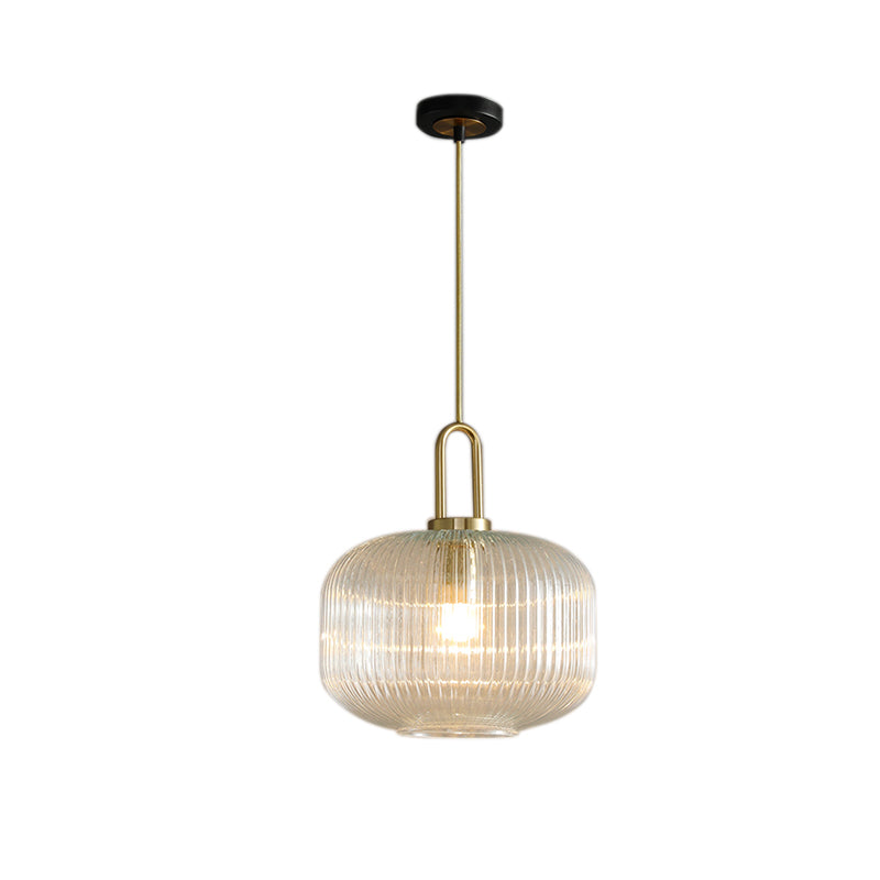 Modernist Clear Ribbed Glass Pendant Hanging Lamp Fixture - 1 Light Gold 6/8/12 Wide For Kitchen