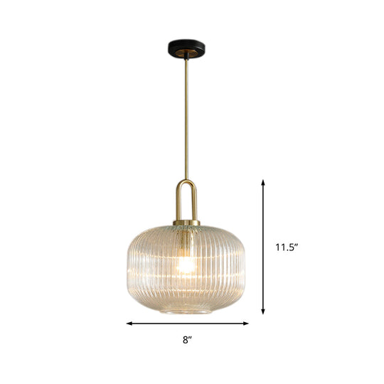 Modernist Gold Glass Pendant Light - Clear Ribbed Cylindrical/Drum/Globe Design - 1 Light - 6"/8"/12" Wide - Kitchen Hanging Lamp Fixture