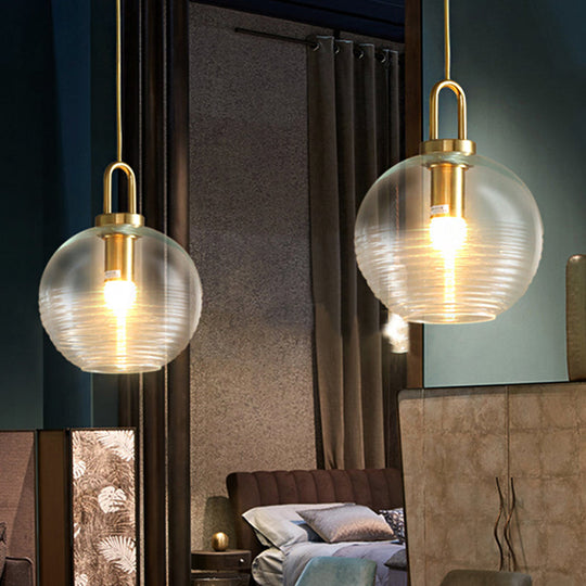 Modernist Clear Ribbed Glass Pendant Hanging Lamp Fixture - 1 Light Gold 6/8/12 Wide For Kitchen / 9