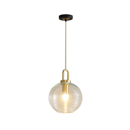 Modernist Clear Ribbed Glass Pendant Hanging Lamp Fixture - 1 Light Gold 6/8/12 Wide For Kitchen
