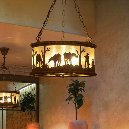 Vintage 3-Bulb Ceiling Lamp: Metal/Fabric Drum Shade Chandelier Pendant Light With Animal Pattern