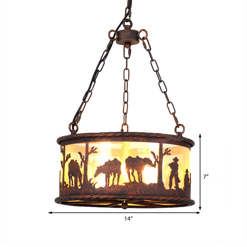 Vintage 3-Bulb Ceiling Lamp: Metal/Fabric Drum Shade Chandelier Pendant Light With Animal Pattern