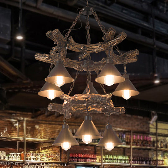 Industrial Black Cone Chandelier: Metal Dining Room Hanging Light With Resin Shelf Available In
