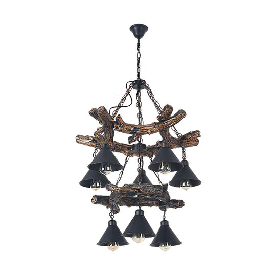 Industrial Black Cone Chandelier: Metal Dining Room Hanging Light With Resin Shelf Available In