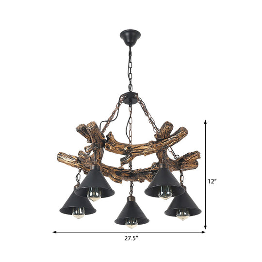 Black Industrial Metal Cone Chandelier - Stylish Hanging Lamp for Dining Room - 3/5/8 Lights with Resin Shelf