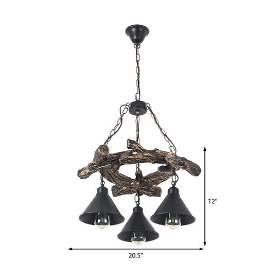 Black Industrial Metal Cone Chandelier - Stylish Hanging Lamp for Dining Room - 3/5/8 Lights with Resin Shelf