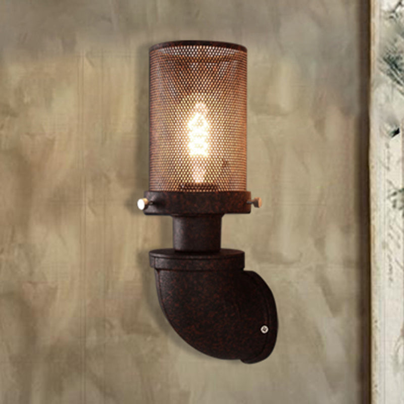 Industrial Rust Caged Metal Wall Lamp - 1-Light Cylinder Sconce For Dining Room Fixture