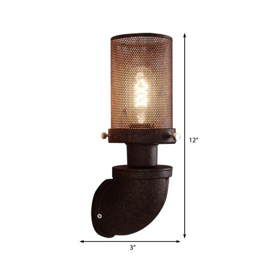 Industrial Rust Caged Metal Wall Lamp - 1-Light Cylinder Sconce For Dining Room Fixture