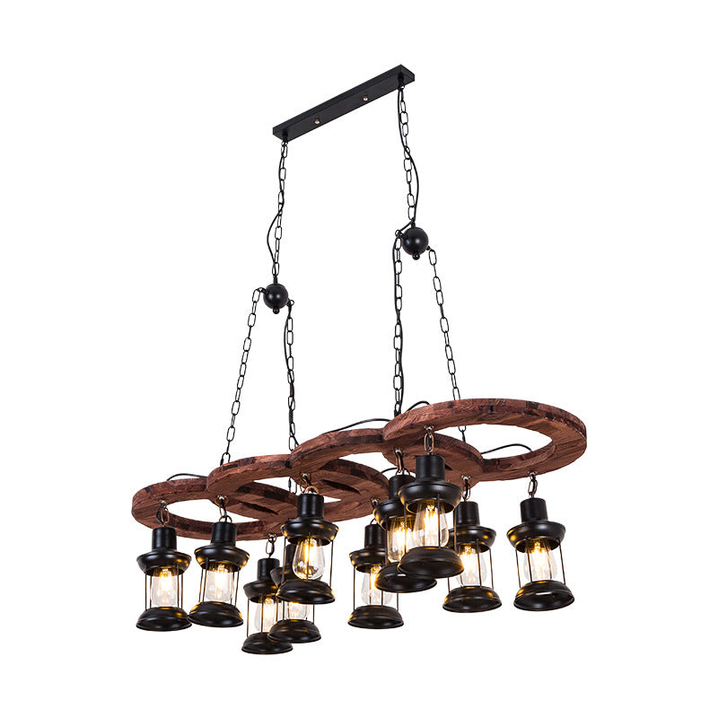 Vintage Black Chandelier Pendant Lamp with Clear Glass Lantern and Wooden Shelf - 10 Lights