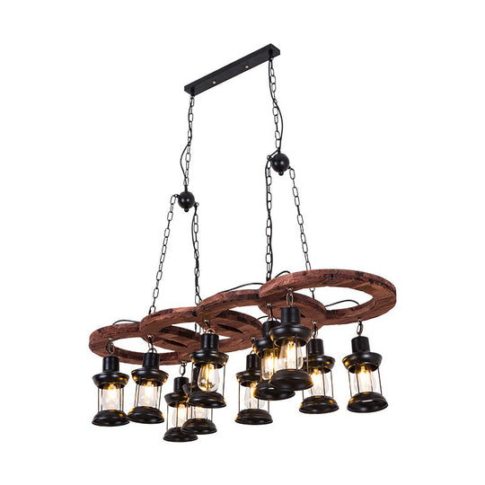 Vintage Black Lantern Chandelier Pendant Lamp - 10 Light Fixture With Clear Glass And Wooden Shelf