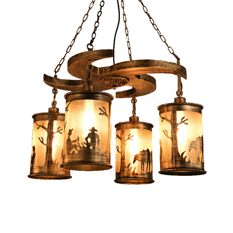 Vintage Bronze 4-Light Cylinder Chandelier: Metal Dining Room Hanging Lamp with Wooden Shelf and Fabric Shade