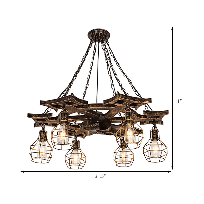 Vintage Bronze Metal Globe Chandelier - 6 Bulbs, Hanging Ceiling Fixture with Cage