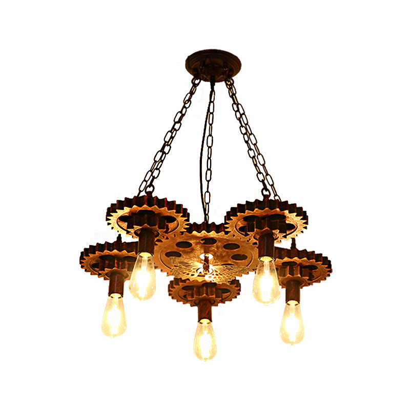 Industrial Wagon Wheel Pendant Lamp - Metal Rust Finish | 5-Light Chandelier with Chain