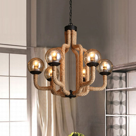 Industrial Rope Pendant Chandelier - 6-Light Globe Fixture With Beige Hanging Design And Glass Shade