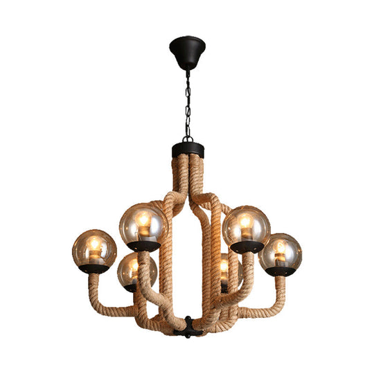 Industrial Rope Pendant Chandelier - 6-Light Globe Fixture With Beige Hanging Design And Glass Shade
