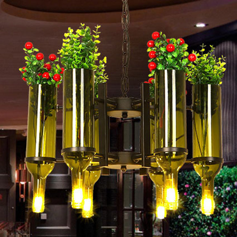 Industrial 6-Light Wine Bottle Green Glass Chandelier Pendant For Dining Room With Flower Detail