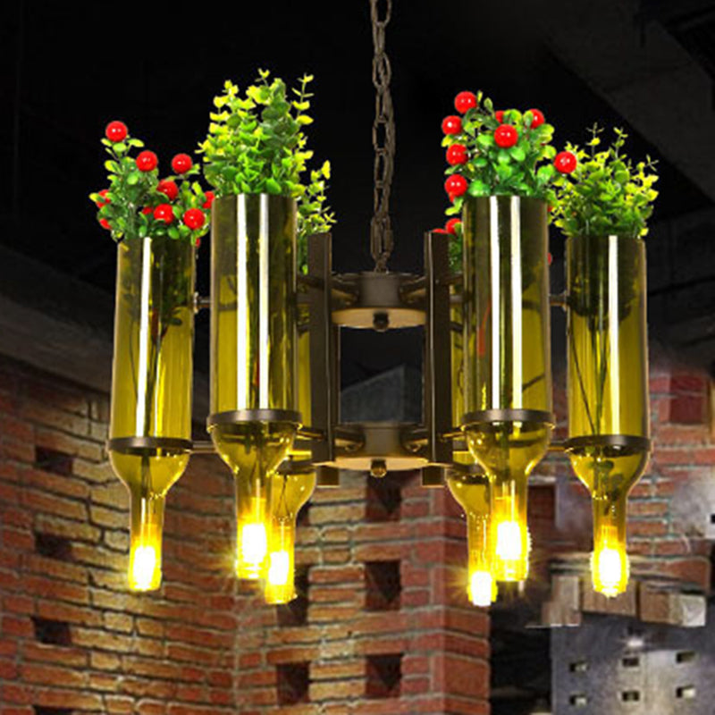 Industrial 6-Light Wine Bottle Green Glass Chandelier Pendant For Dining Room With Flower Detail