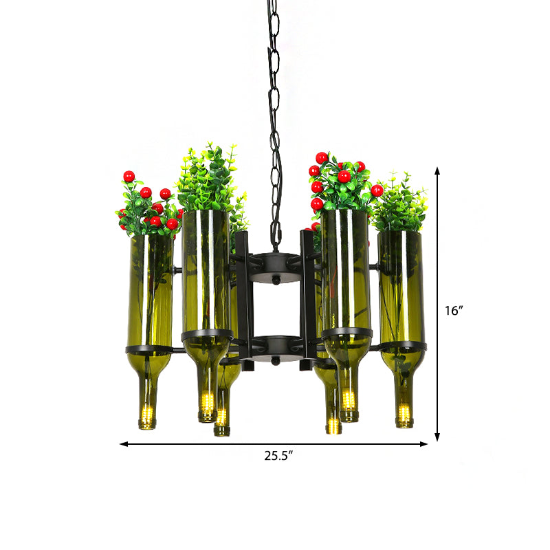 Industrial 6-Light Green Glass Wine Bottle Chandelier: Dining Room Pendant Lighting with Floral Design