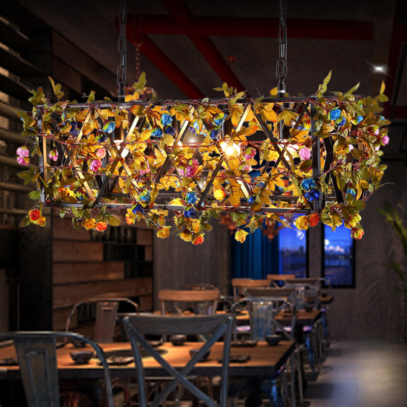 Industrial Metal Chandelier: 4-Light Black Dining Room Pendant with Flower Detail