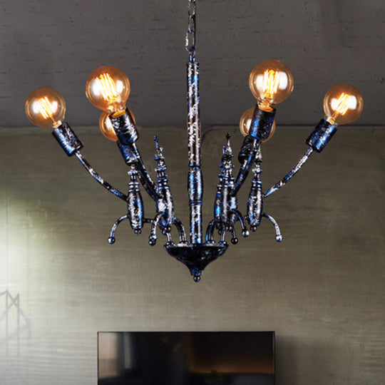 Vintage Black Metal Chandelier With Exposed Bulbs - 6 Lights Pendant Lamp And Sputnik Shade